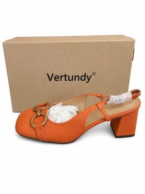 Vertundy Orange Leather Mid Block Heel Slingback with Gold Accent NIB